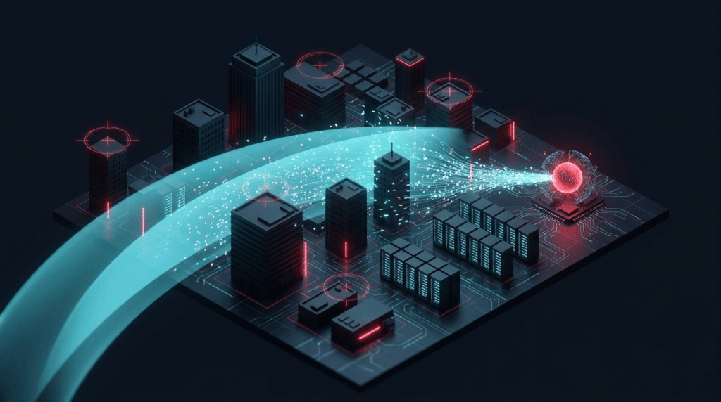 Haz de escaneo recorriendo un distrito corporativo y volcando fragmentos de datos en un núcleo neuronal rojo