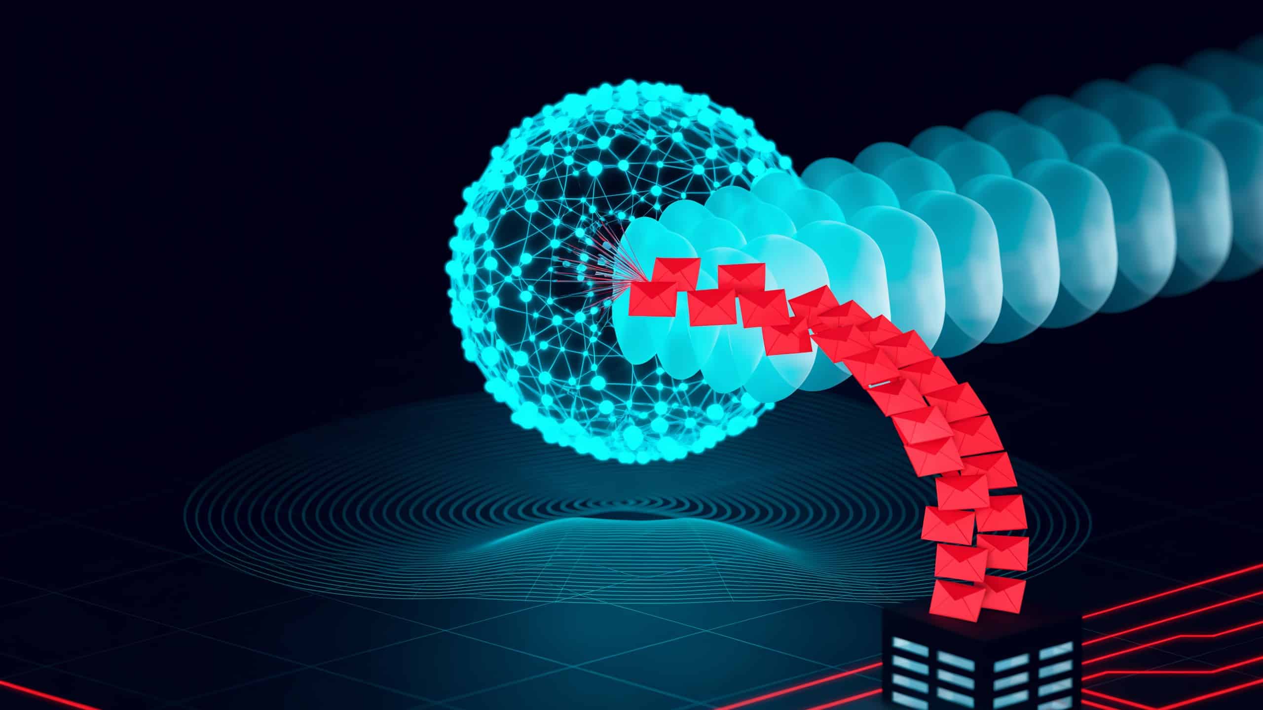 Esfera de red neuronal emitiendo correos de phishing hacia un edificio corporativo