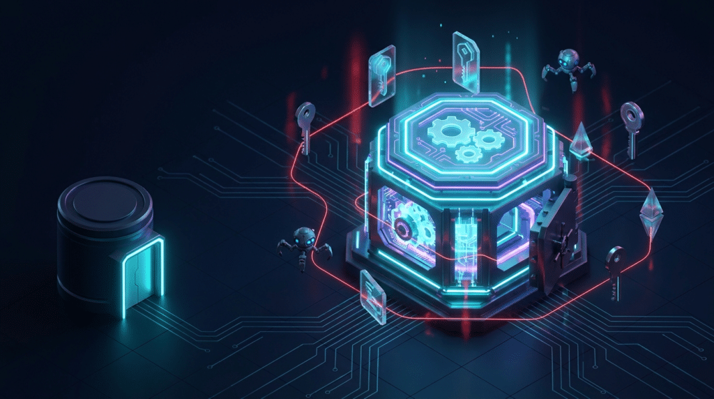 Vault isométrico de identidades no humanas con APIs, bots y service accounts conectados por trazas rojas
